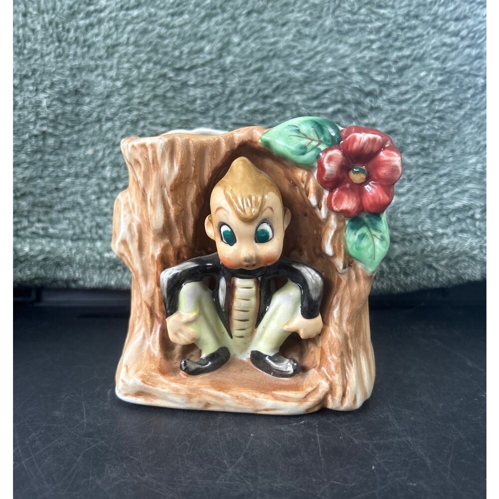 ACME China Planter Pixie Elf Crouching in Tree Stump Vintage Made in Japan